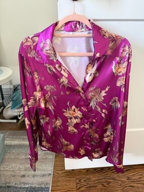 Floral Satin Button-Up Blouse in Magenta